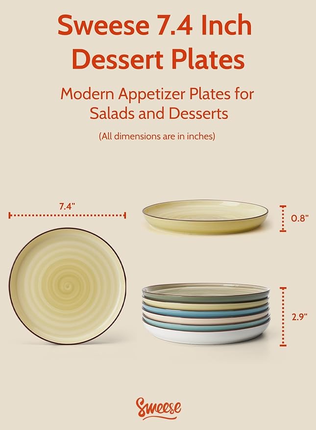 Sweese 7.4 Inch Porcelain Dessert Plates, Round Salad/Appetizer Plate Set, Microwave Dishwasher Safe, Green, 6-Pack