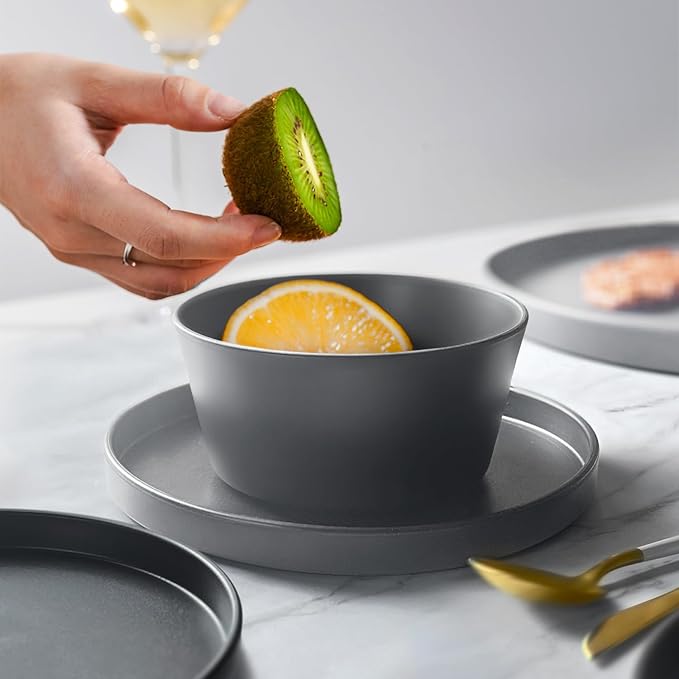 Teivio 32-Piece Kitchen Plastic Coupe Wheat Straw Dinnerware Set, Service for 8, Dinner Plates, Dessert Plate, Cereal Bowls, Cups, Unbreakable Unique Plastic Outdoor RV Camping Dishes,Gray Multicolor