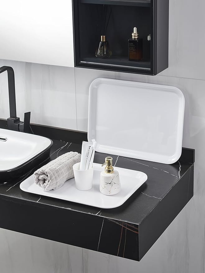 Blue Boat 17" x 12.5" Rectangular Serving Trays Set of 2 White, Melamine Serving Platter, Light Weight Easy to Clean Sturdy Stackable BPA-Free Dishwasher Safe