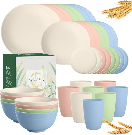 Wrova Wheat Straw Dinnerware Sets 40PCS, Unbreakable Plates and Bowls Sets Service for 8, Microwave and Dishwasher Safe Dish Set, Dinning Plates/Cereal Bowls/Drinking Cups for Kitchen,Camping-Nordic