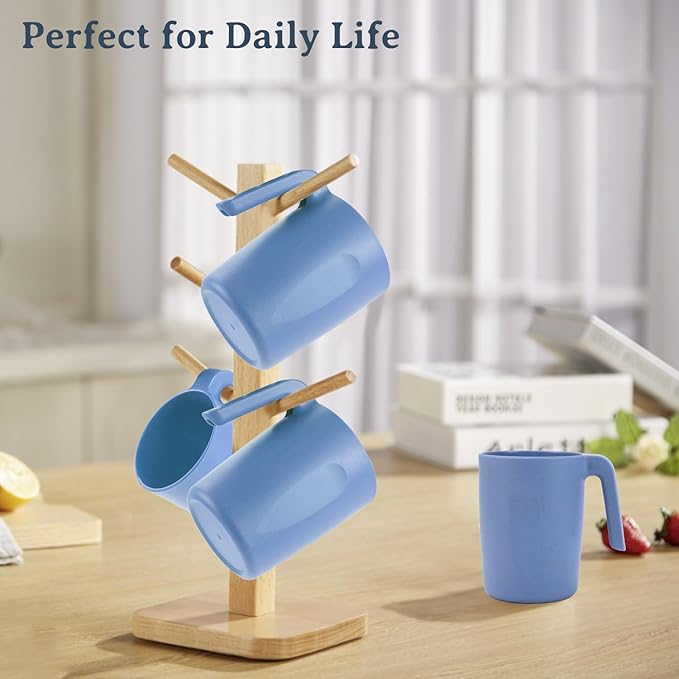 Wrova 16oz Wheat Straw Cups with handles set of 6-Plastic Cups Reusable-Unbreakable Kids Mugs-Dishwasher Safe & Microwave Safe-Ideal Plastic Mugs for Tea,Coffee,Camping,RV-Sky Blue