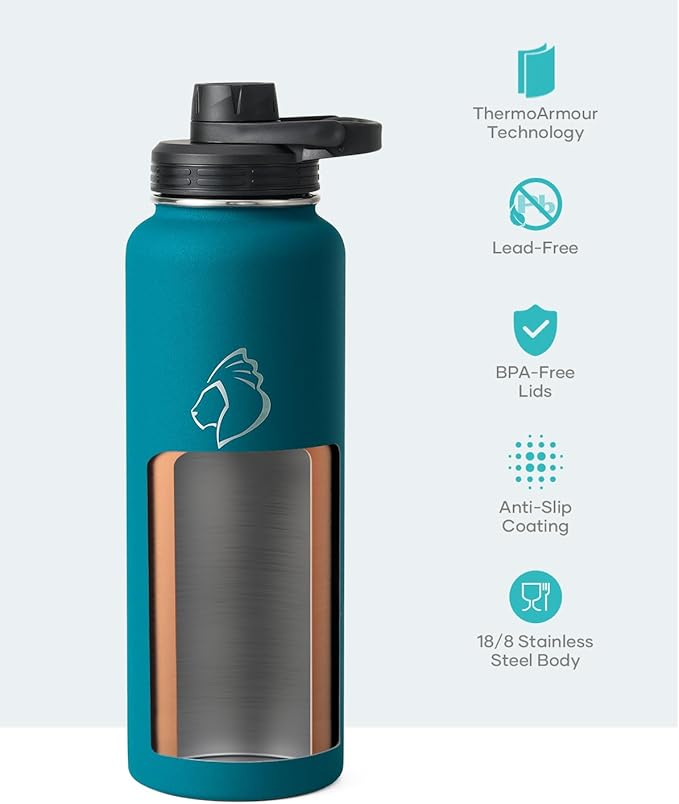 BUZIO 40 oz Water Bottle Insulated with Straw & 3 lid and Carrying Pouch, Leak Proof Anti-Slip Stainless Steel Water Flask Jug, Cold for 48 Hrs Double Vacuum Thermo Canteen, BPA-Free, Dark Blue