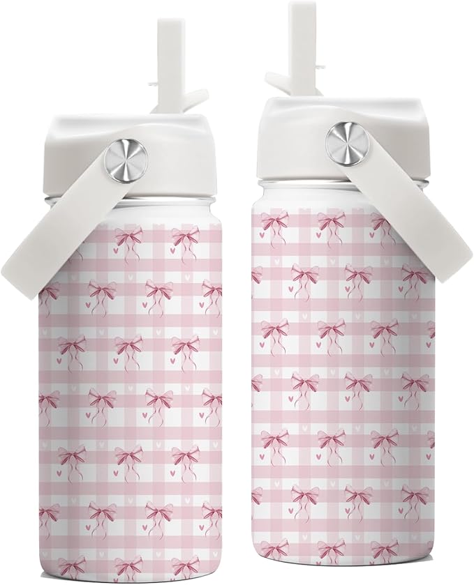 Pink Bow Gifts, 16 oz Water Bottle with Straw Lid, Stainless Steel Insulated Pink Bow Tumbler, Cute Water Bottles for Birthday Christmas