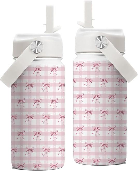 Pink Bow Gifts, 16 oz Water Bottle with Straw Lid, Stainless Steel Insulated Pink Bow Tumbler, Cute Water Bottles for Birthday Christmas