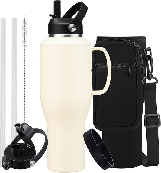 Water Bottle 40oz with Handle Insulated,LeakProof Stainless Steel Tumbler with Lid and Straw, Thermal Cups w/Carrier Pouch with Strap & Protective Boot, Thermo Coffee Flask Fit in Cup Holder