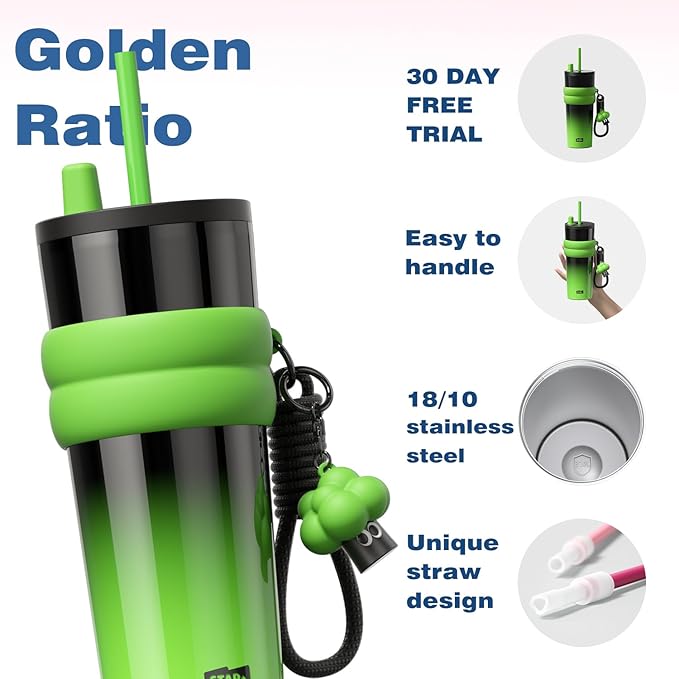 24 oz Stainless Steel Tumbler with Lid and Straw, Insulated Water Bottle Leak Proof for Hot and Cold, Portable Travel Coffee Mug, Reusable Coffee Cup for Women, Green