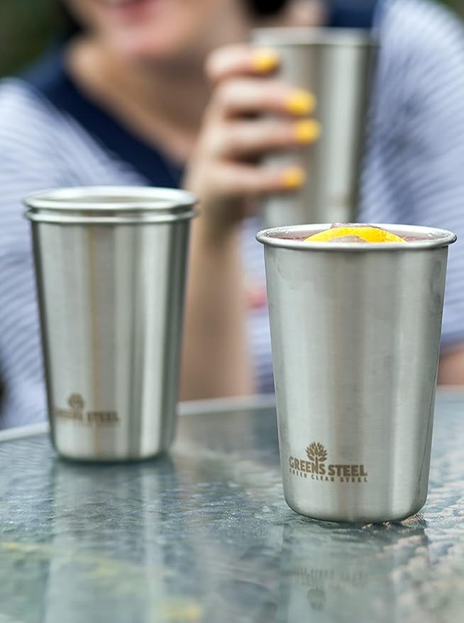 Greens Steel #1 Premium Stainless Steel Cup, 475 ml Pint Cups (4 Pack) Premium Metal Cups - Stackable Durable Cup