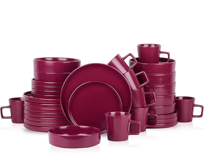 Stone Lain Cleo Stoneware 32-piece Round Dinnerware Set, Magenta,Service For 8,Coupe - Celina