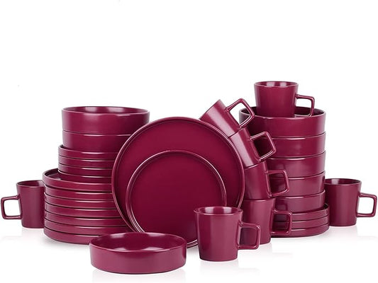Stone Lain Cleo Stoneware 32-piece Round Dinnerware Set, Magenta,Service For 8,Coupe - Celina