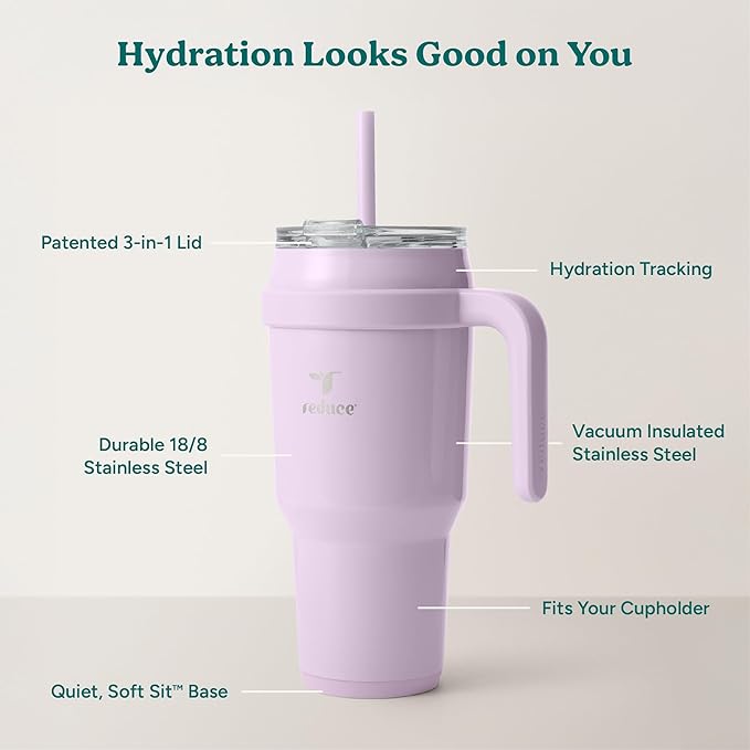 REDUCE 40 oz Stainless Steel Tumbler with Handle - Dual-Wall Vacuum Insulated Travel Mug, Sweat-Proof Lid & Reusable Straw - Keeps Drinks Cold for 24 Hrs, Fits Cupholders, Dishwasher Safe - Lilac Bud
