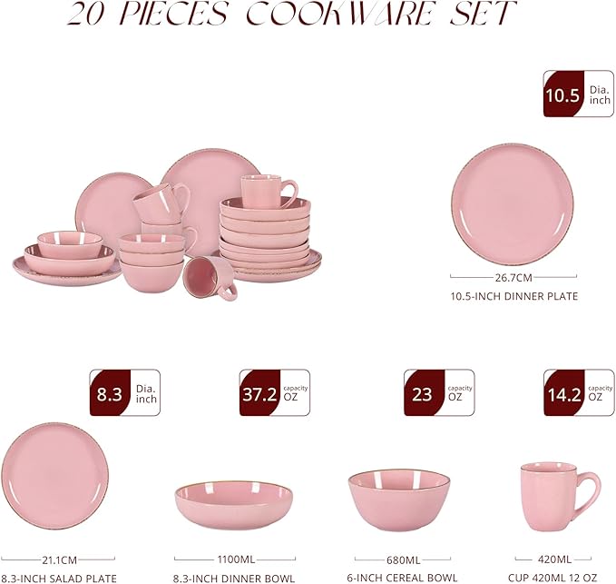 HomeVss 20-Piece Dinnerware Set - Serves 4, Shiny Glaze Pink with Speckle Effect Plates & Bowls Set | Microwave & Dishwasher Safe