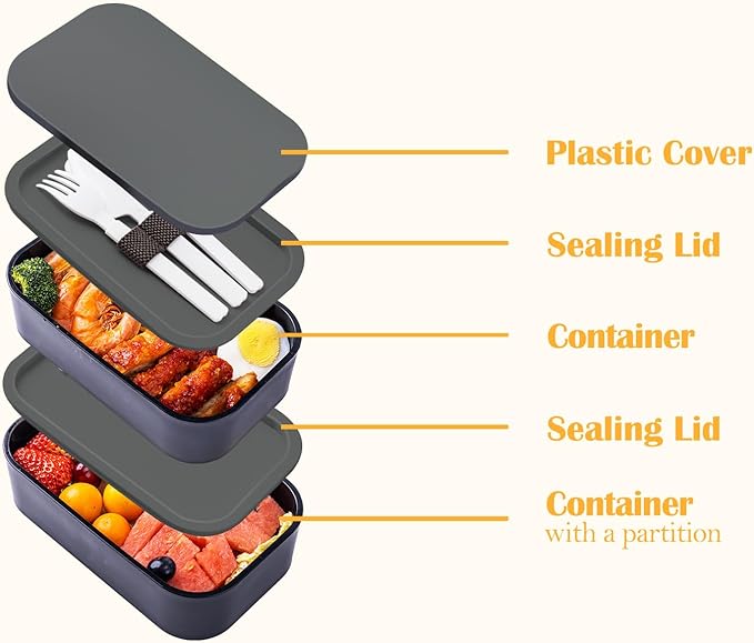 Stackable Bento Box with Utensils Microwave Safe, All-in-One Meal Prep Compartment Lunch Containers Leak Resistant Lunch Box with Sauce Container 60oz Gray(without bag)