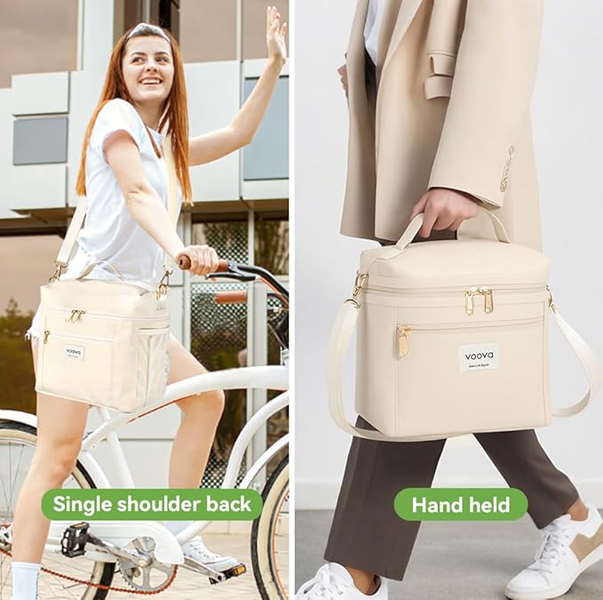 Voova Stackable Stainless Steel Thermal Lunch Box with Lunch Bag for Women Men Adult, 2 Tier Leakproof & Microwave Safe Insulated Bento Boxes Food Container for Work School, Beige