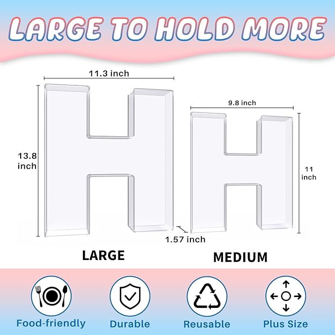 13.8" Extra Large Acrylic Letter Charcuterie Board Box, Reusable Fillable Letter Cake Candy Dish Display Serving Tray for Birthday Anniversary Party Decoration (H)