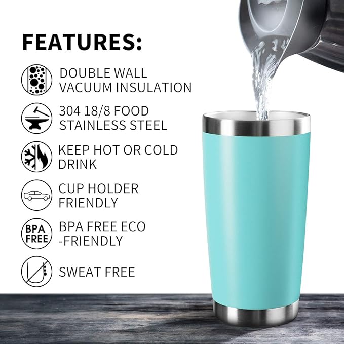 20oz Tumbler Bulk Stainless Steel Vacuum Insulated Tumblers with Lid Double Wall Travel Mug, Powder Coated Coffee Cup, Suitable for Ice Drinks and Hot Beverage (Light blue 12pack)