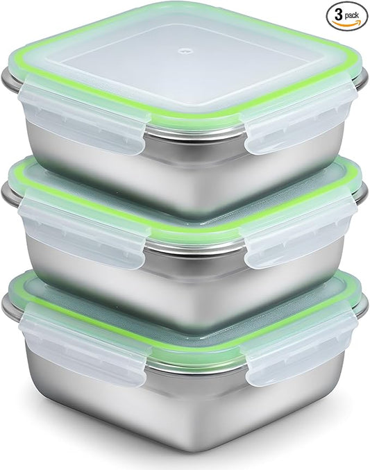 3 Pack Sandwich Containers, 24oz Stainless Steel Sandwich Box with Airtight Lids, Reusable Metal Meal Prep Lunch Boxes, BPA-Free, Dishwasher Safe, Food Storage Containers for Families (Green)
