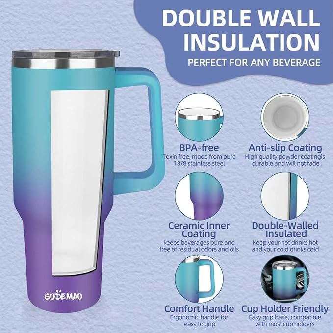 40 oz Insulated Coffee Mug with Ceramic Coating, Stainless Steel Travel Coffee Tumbler with Handle Lid and Straw, Double Wall Leak-Proof Coffee Travel Mug Keeps Drink Hot and Cold (Azure Purple)