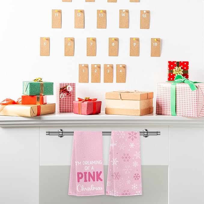 Pink Christmas Kitchen Towels,Christmas Decor Pink Bathroom,Xmas Gifts, Holiday Snowflakes Decorative Absorbent Dish Cloths and Tea Towels for Bathroom Decor 14 x 23 Inches