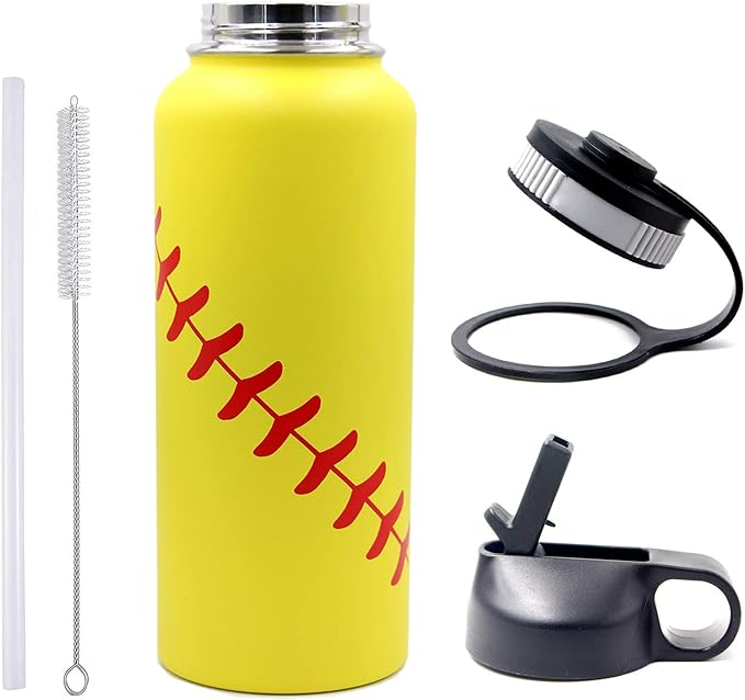 40 oz Softball Water Bottle, Wide Mouth Sports Flask Metal Thermo Travel Mug with 2 Lids, Stainless Steel Double Wall Vacuum Leak Proof Insulated Water Jug, Softball Stuff Gifts for Mom Men Boys Girls