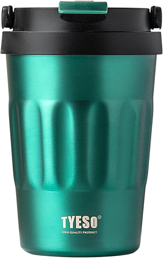 TYESO Stainless Steel Portable Tumbler with Flip Lid,Travel Mug with Concealed Carry Handle, Leakproof Insulated Coffee Cup (GREEN, 13 OZ)