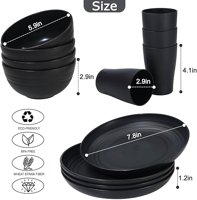 12pcs Kids Wheat Straw Dinnerware Sets, Wheat Straw Plates and Bowls Set for 4 Microwave Safe (Black)