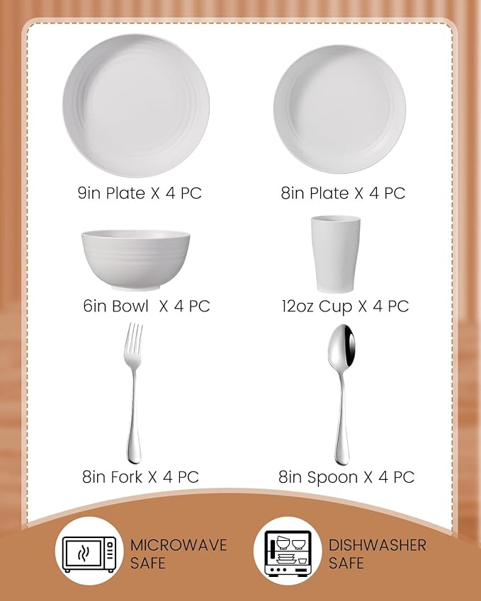 24 Pcs Dinner Plates Set- Picnic & Camping- Unbreakable & Reusable- Includes 4 x 9in, 4 x 8in Plates, 4 x 6in Bowls, 4 Cups, 4 Stainless Steel Forks and Spoons- Kitchen, Dorm, Office
