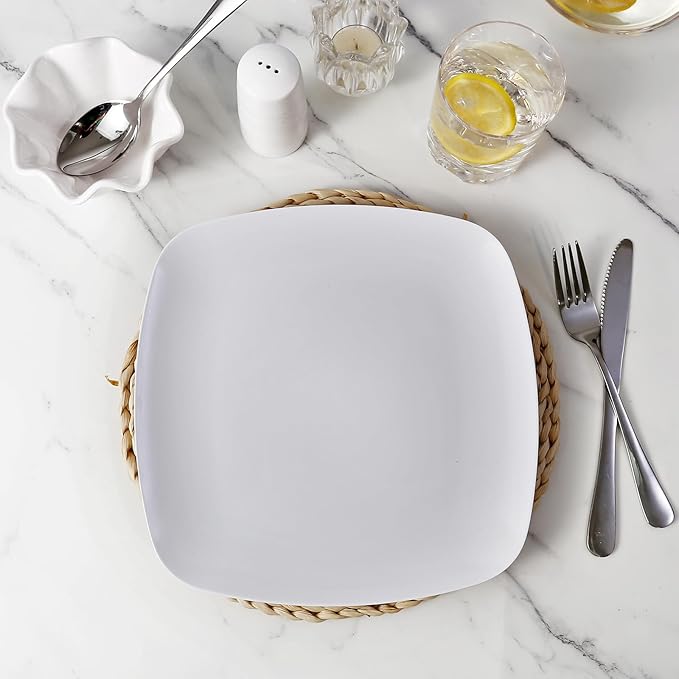 TP 10.5" Melamine Square Dinner Plates, 6-piece Plate Set Unbreakable Serving Dishes for Indoors and Outdoors, Unbreakable Dinner Service for 6, White