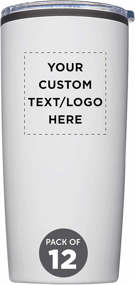 Custom Plastic Tumblers 20 oz. Set of 12, Personalized Bulk Pack - With lids, Ice Coffee Tumbler, To Go Cup, Insulated - White