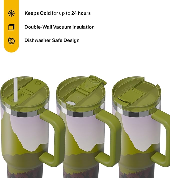 RTIC 40 oz Road Trip Tumbler Double-Walled Cermaic Lined Insulated Stainless Steel Portable Travel Coffee Mug Cup with Lid, Handle and Straw, Deep Woods