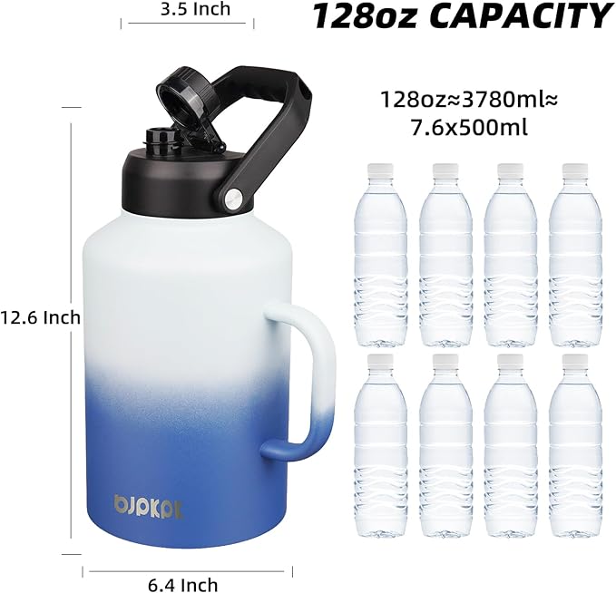 BJPKPK 1 Gallon Water Bottle with Handle, Large Dishwasher Safe 128oz Insulated Water Bottle, BPA Free Water Jug, Wide Mouth Metal Water Bottle with Anti-slip Bottom, Keep Cold & Hot,Sky
