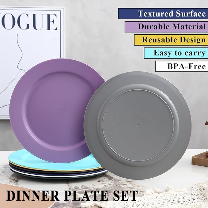 Berglander Plastic Plates Set of 8 Pieces 10", Mutil Color Reusable Flat Dinner Plates, Salad Plates, Pasta Bowls, Dishes Set Easy to Carry for Home, Garden, Picnic, Camping, Outdoor