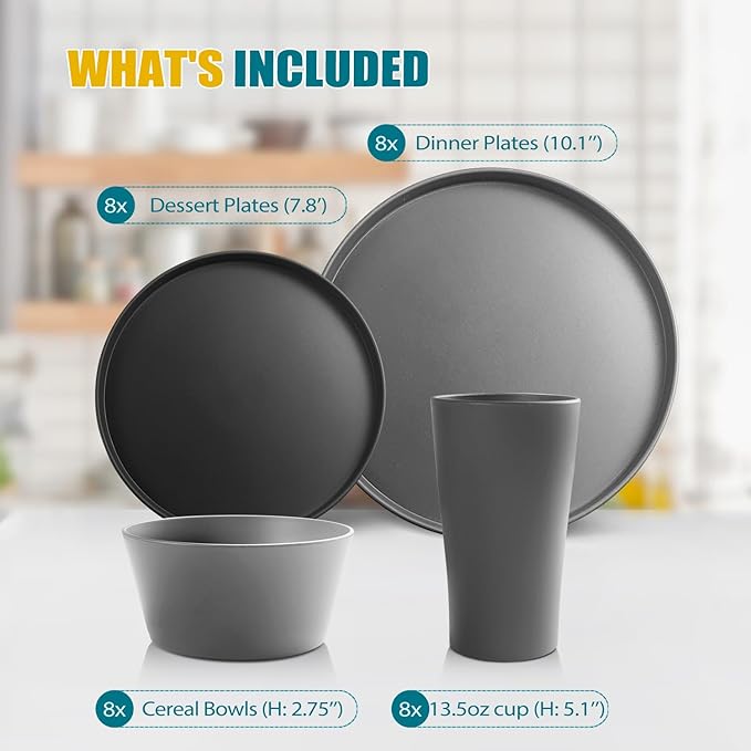 Teivio 32-Piece Kitchen Plastic Coupe Wheat Straw Dinnerware Set, Service for 8, Dinner Plates, Dessert Plate, Cereal Bowls, Cups, Unbreakable Unique Plastic Outdoor RV Camping Dishes,Gray Multicolor