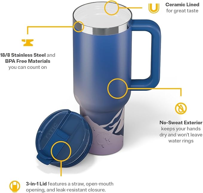 RTIC 40 oz Road Trip Tumbler Double-Walled Cermaic Lined Insulated Stainless Steel Portable Travel Coffee Mug Cup with Lid, Handle and Straw, Snowy Peak