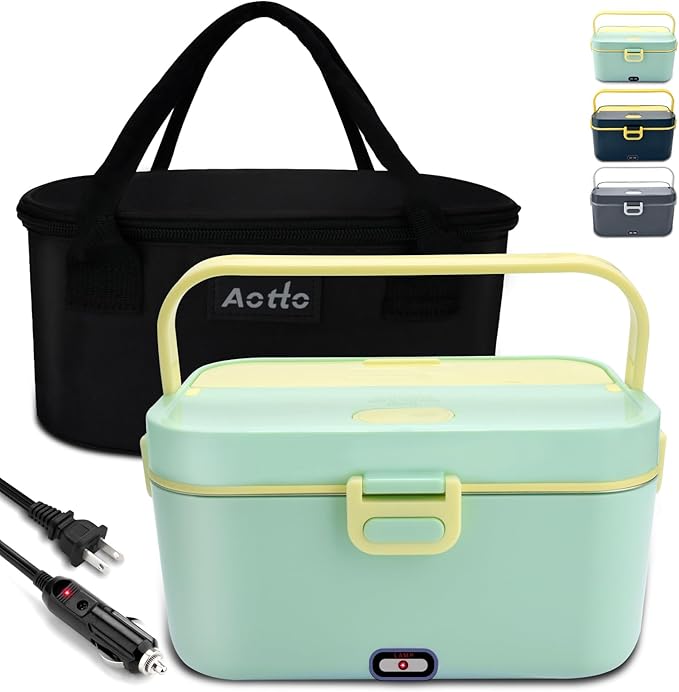 Aotto Electric Lunch Box 2L, 90W Fast Heating (12V/24V/110V) Heated Portable Food Warmer for Car/Truck/Office – Stainless Steel Container, Insulated Carry Bag – Ideal for Adults, Men, Women, Green