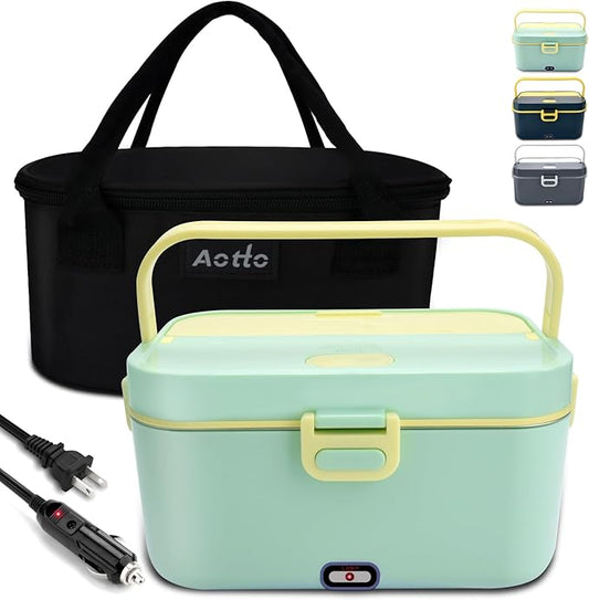 Aotto Electric Lunch Box 2L, 90W Fast Heating (12V/24V/110V) Heated Portable Food Warmer for Car/Truck/Office – Stainless Steel Container, Insulated Carry Bag – Ideal for Adults, Men, Women, Green