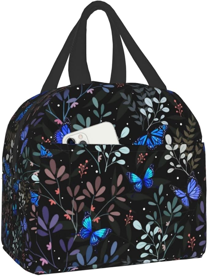Butterfly Insulated Lunch Bag with Front Pocket,Reusable Cooler Tote with Zipper Use for Men & Women Camping/Hiking/Picnic/Beach/Travel