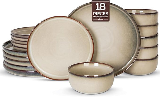 Romswi Ceramic 18Pcs Dinnerware Sets,Stoneware Plates and Bowls Set for 6, Chip & Scratch Resistant Dish Set, Handmade Reactive Glaze Plate Set, Oven, Microwave & Dishwasher Safe,Wheat Green