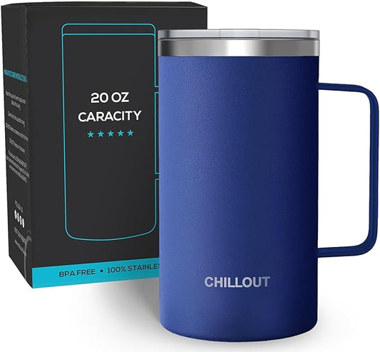 CHILLOUT LIFE Stainless Steel 20 oz Vacuum Insulated Coffee Mug with Handle and Lid, Large Thermal Camping Coffee Mug Cup with Durable Sliding Lid for Men & Women, Keeps your Beverages Hot/Cold
