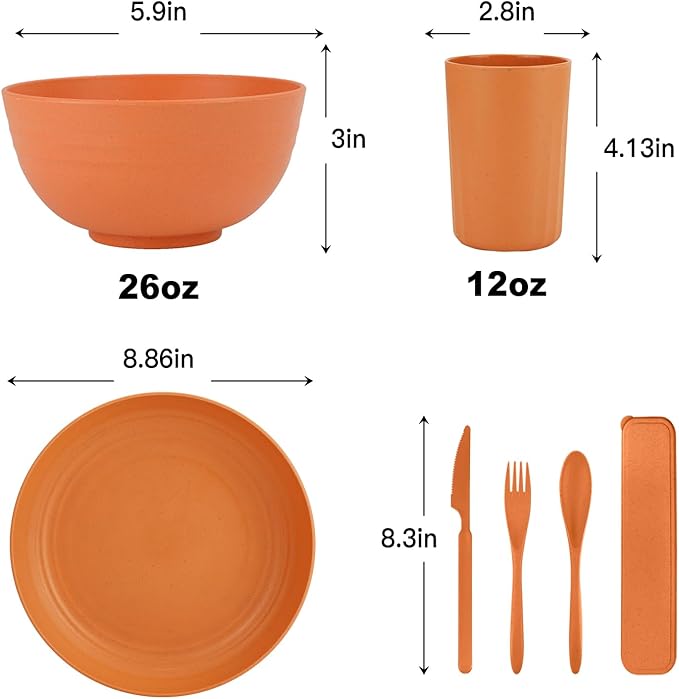 28-Piece Wheat Straw Dinnerware Sets, Microwave & Dishwasher Safe Unbreakable Dinnerware Set, Reusable Dishware Sets, Lightweight Camping Dishes, Plates, Cups, Cereal Bowls for 4(Orange)