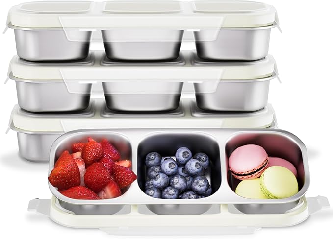 Stainless Steel Snack Containers for Kids Adults, 4 Pack 3 Compartment Metal Snack Containers Box with Lid, Reusable Food Storage Container, Leak Proof, Grab and Go