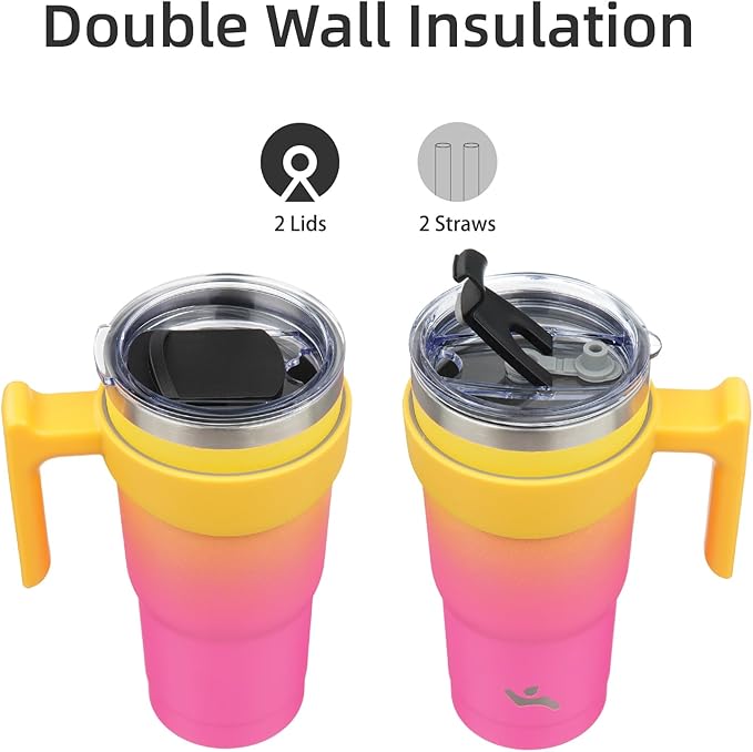 20 oz Tumbler with Handle and 2 Straw 2 Lid, Insulated Water Bottle Stainless Steel Vacuum Cup Reusable Travel Mug,Rainbow