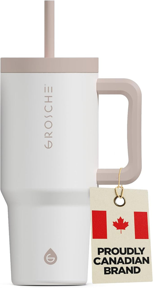 GROSCHE ASPEN 32 oz Tumbler with Handle and Straw. Extreme Insulation, Classy Design, Built to Last Insulated Stainless Steel Tumbler with Handle, Lid and Straw - Cream White