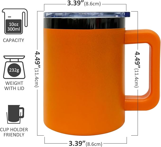 10 oz Tumbler with Handle and Straw Stainless Steel Insulated Coffee Mug for Laser Graving Powder Coated Cup with Black Plated(Orange,1 pack)