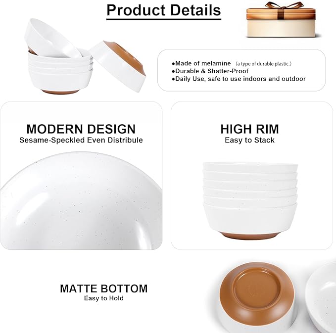 Webbylee 6-inch Melamine Bowls set of 6-20-ounce Dinnerware Cereal Bowls for Soup, Salad & Dessert | Dishwasher Safe & Space Saving (White/Brown)