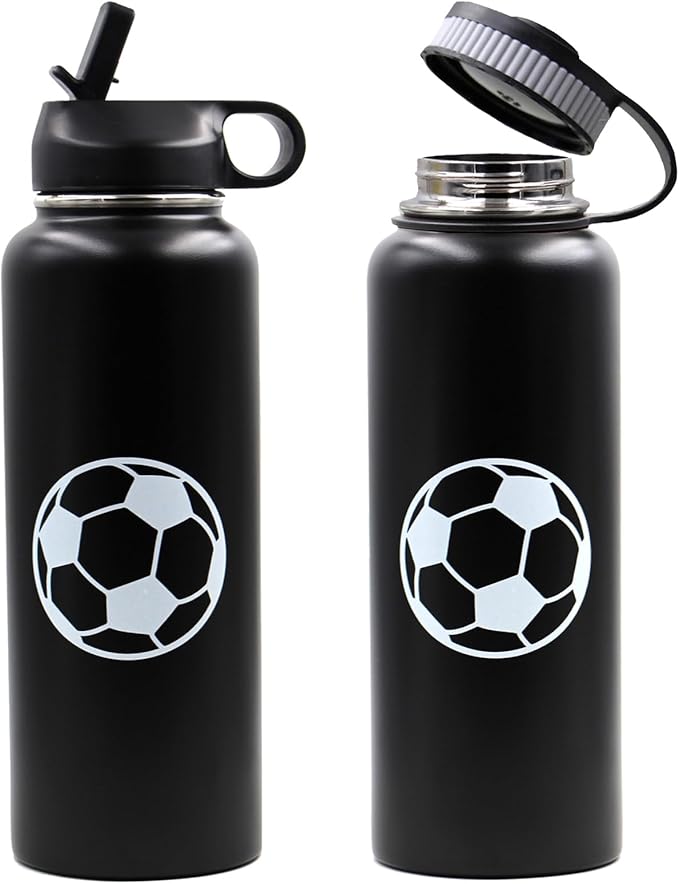 40 oz Soccer Water Bottle, Sports Flask Metal Travel Tumbler with 2 Lids, BPA-Free Stainless Steel Double Wall Vacuum Insulated Leak Proof Water Bottles, Soccer Stuff Gifts for Mom Men Boys Girls Fans