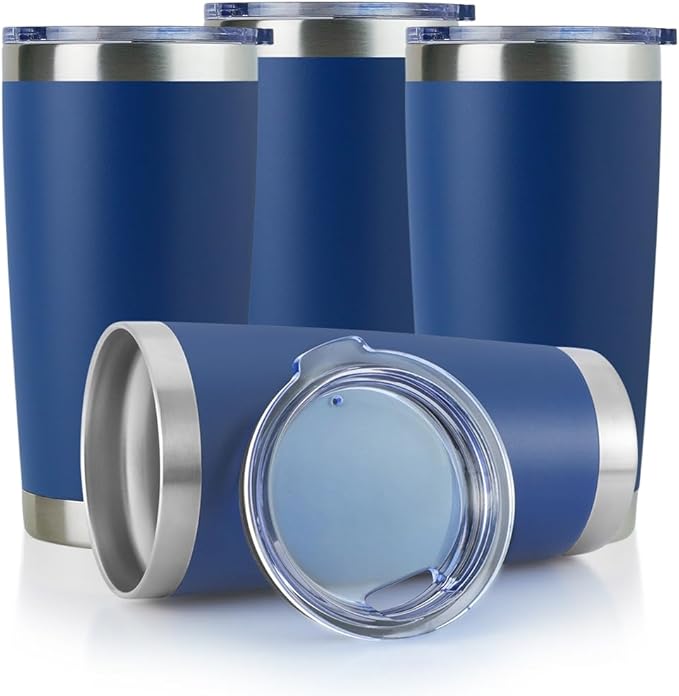 DOMICARE 20oz Stainless Steel Tumbler Bulk with Lid, Double Wall Vacuum Insulated Travel Mug, Powder Coated Coffee Cup, Dark blue, 4 Pack