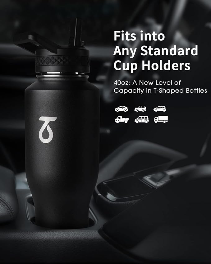 Trebo 40 oz Insulated Water Bottle that Fits in Car Cup Holder,Triple Wall Stainless Steel Water Bottles Insulated,LeakProof,Keep 48 hrs Cold & 24 hrs Hot,Metal Tumbler with Paracord Handle,Straw
