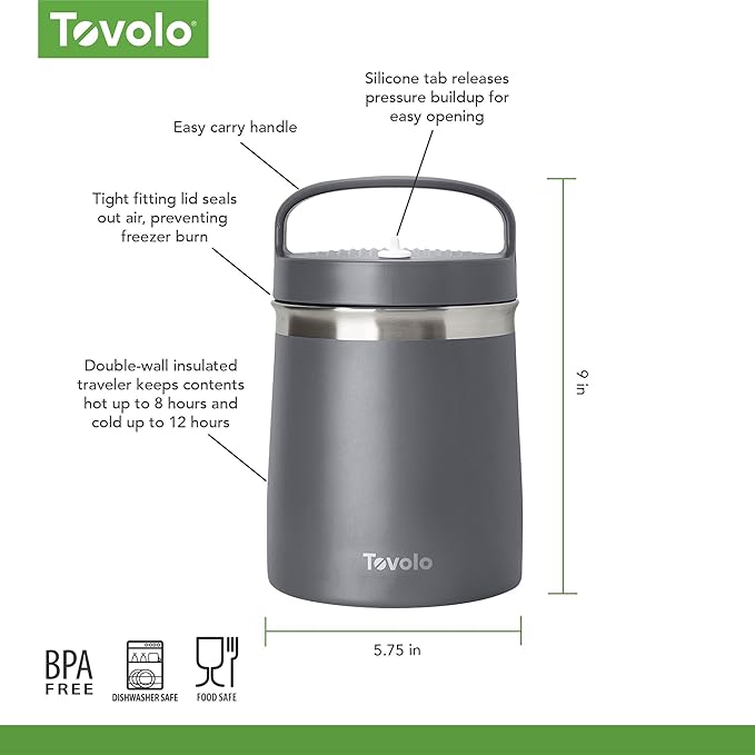 Tovolo 2 Quart Stainless Steel Traveler, Double-Wall Vacuum-Insulated Food Container, 2 Qt. Food Storage & Ice Cream Container, Easy-Carry Handle, Travel Mug for Hot Food & Cold Ice Cream, Charcoal