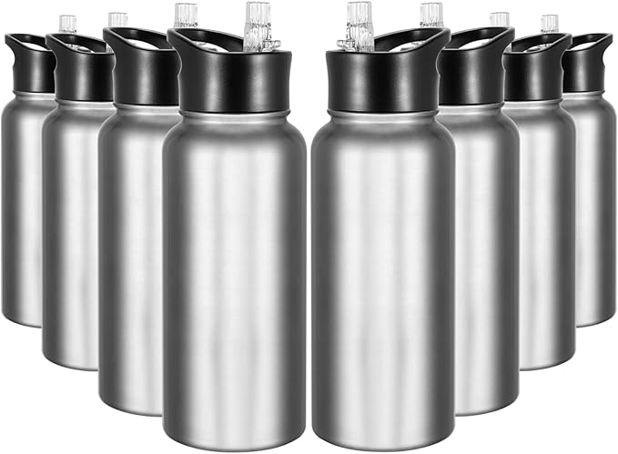 32 oz Insulated Water Bottle Bulk 8 Pack, Stainless Steel Sports Water Bottles with Straw Lid & Wide Mouth Lids, Double Walled Vacuum, Leak Proof, Stainless Steel