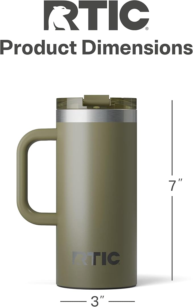 RTIC 16oz Road Trip Travel Mug with Lid and Handle, Ceramic Lined, Insulated, Stainless Steel, Metal, Double Wall Vacuum-Insulation, Portable Coffee, Tea Cup for Hot and Cold Drink, Olive